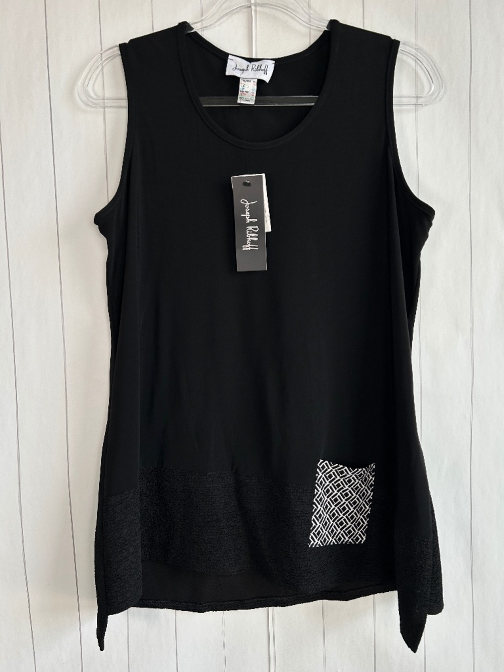 Joseph Ribkoff size 14 sleeveless tunic top stretch knit texture hem patch poket